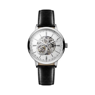 Mens' mechanical watch with black leather strap